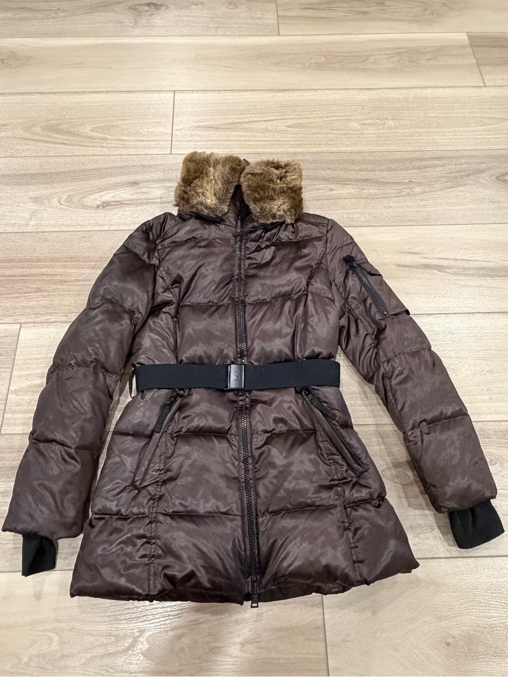 SAM S13 Womens Belted Faux Fur Trim Hooded Down Puffer Coat Brown Sz S